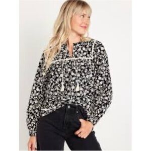 Old Navy Top Womens Large Tall Black Floral Cotton Peasant Blouse Cottagecore‎